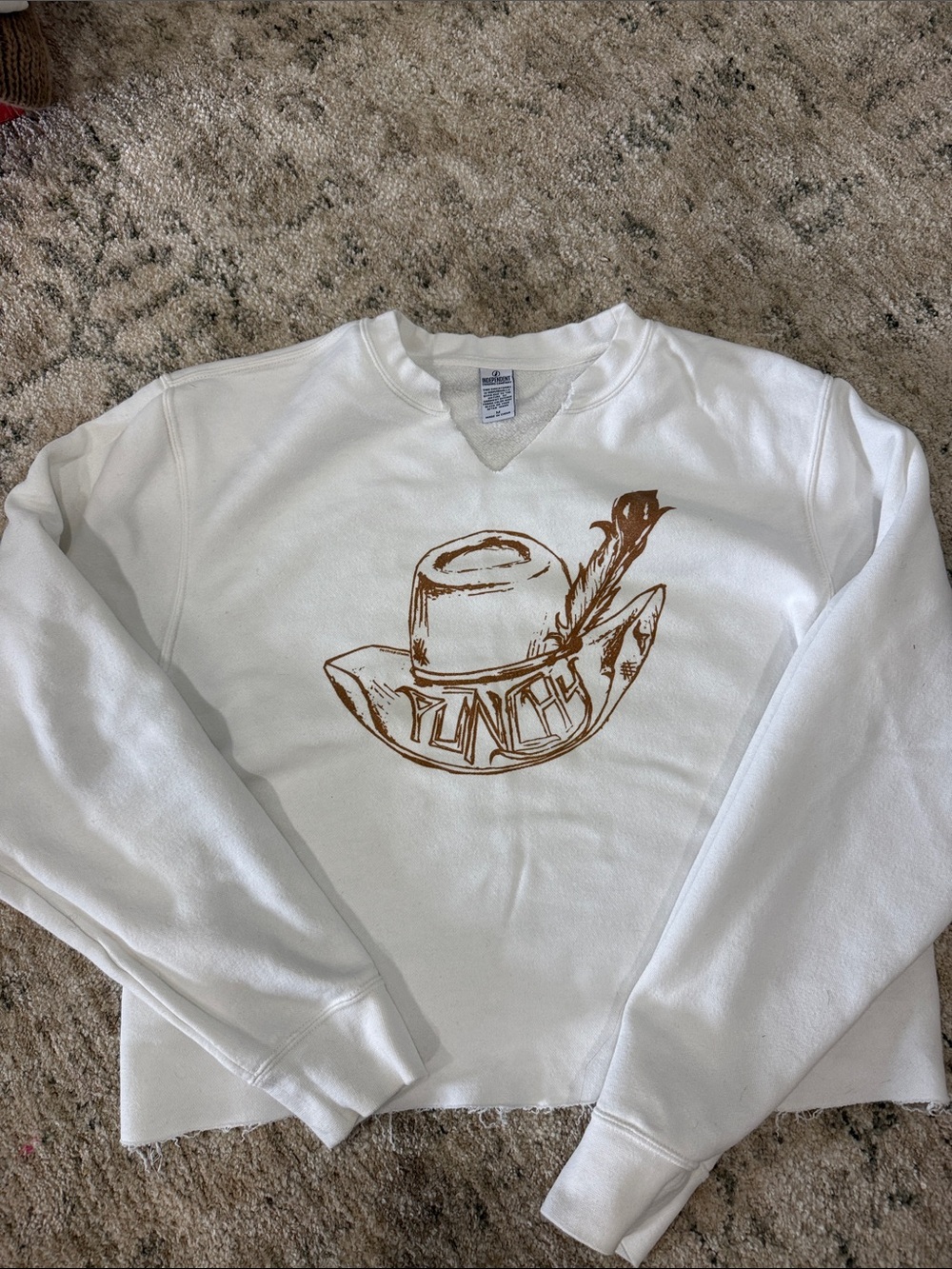 White Crewneck Sweatshirt with Brown Cowboy Hat Graphic